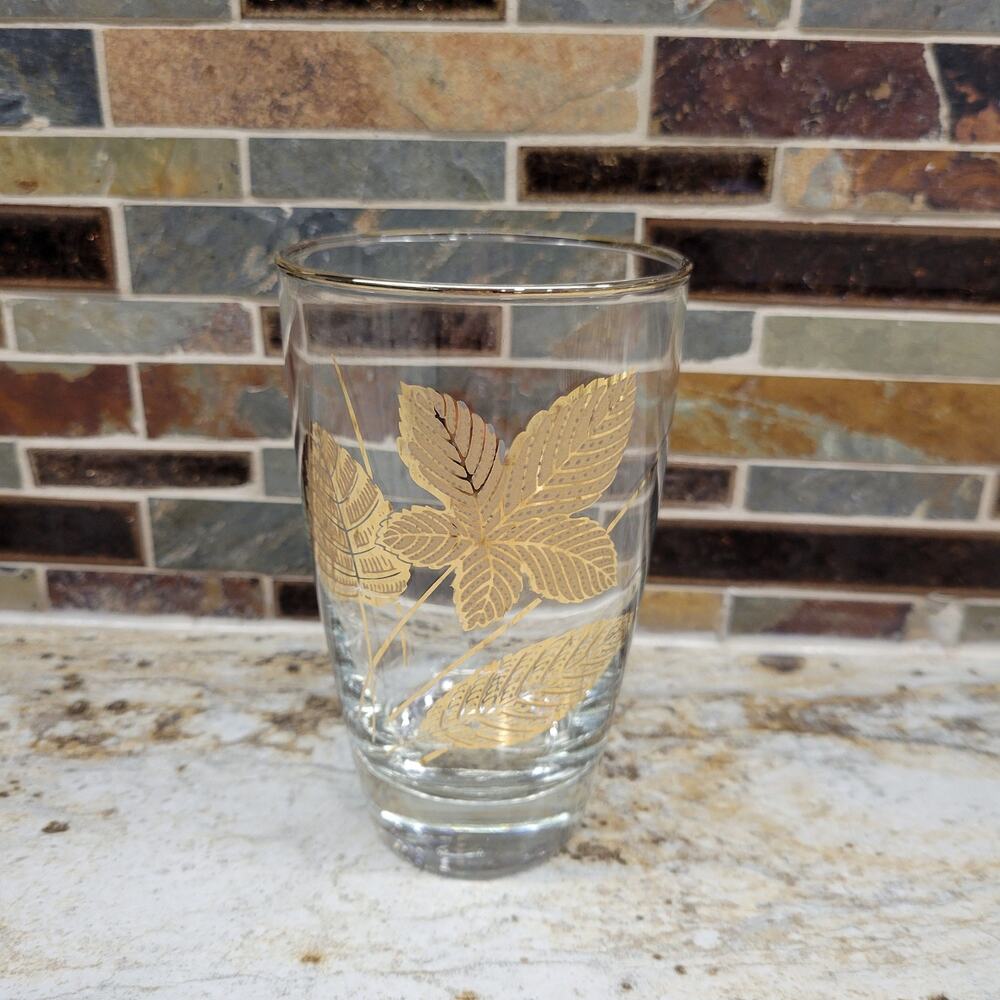 Vintage Gold Leaf Glass Tumbler, Flat Bottom 5-1/4" 14 oz, Mid Century Modern